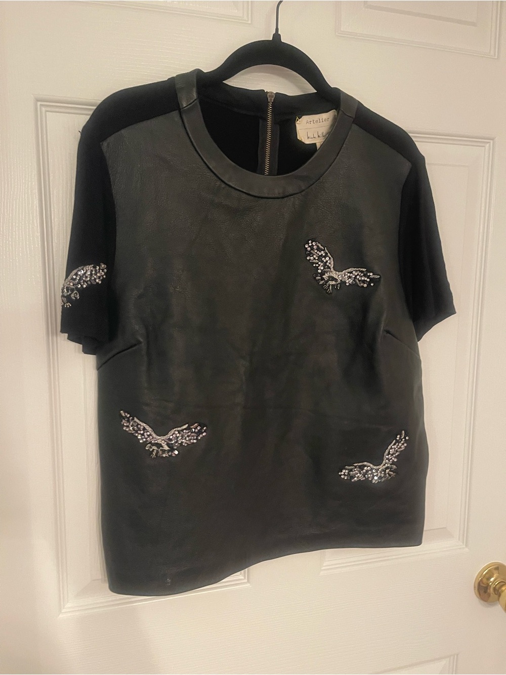 Nicole Miller Black Faux Leather Embellished Top
